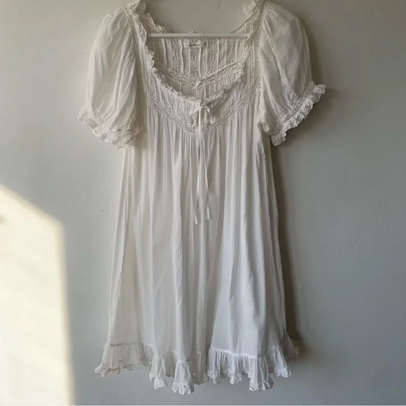 Doen Ainsley Cotton Ruffle Lace Babydoll Nightgown Mini Dress Salt White - Picture 5 of 12